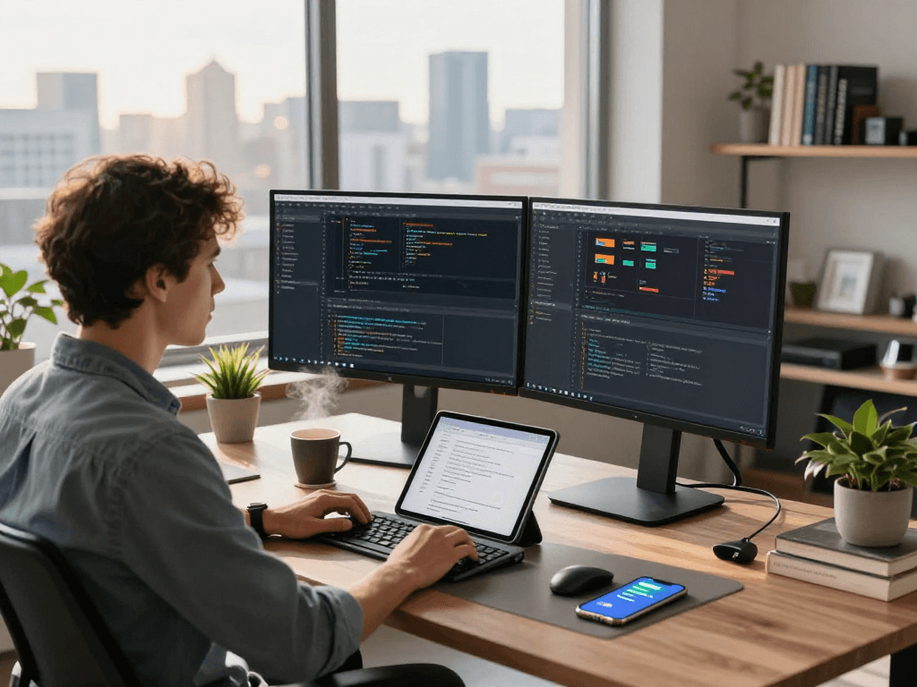 WPS Office下载软件开发工作环境,程序员专注于代码的双屏幕显示,现代办公室氛围。