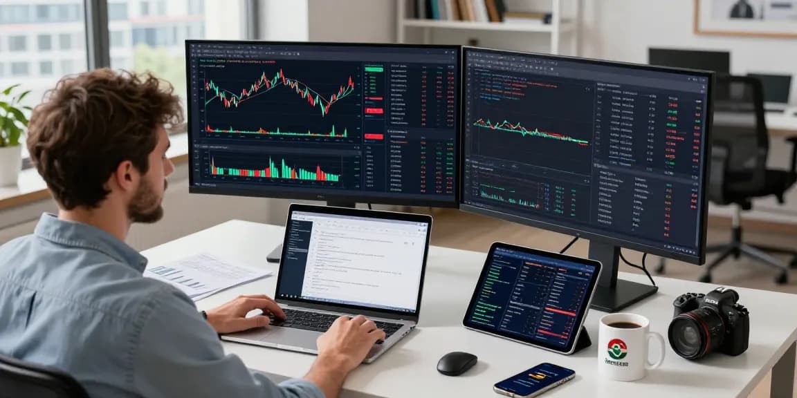 Developer at a modern workspace analyzing Germany stock real-time API data with dual screens and coding software.
