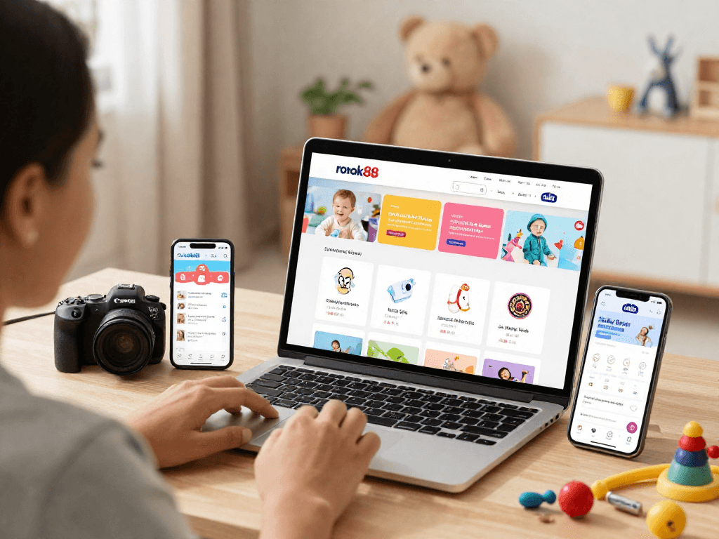 Customer exploring rokok88's diverse baby product range on a digital device.